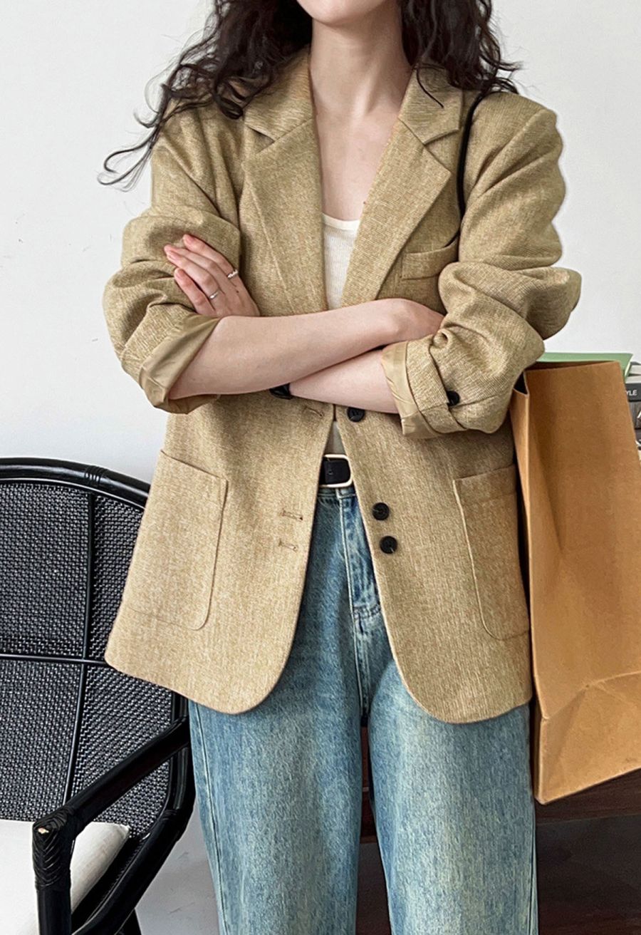Patch Pocket Woven Texture Buttoned Blazer in Mustard