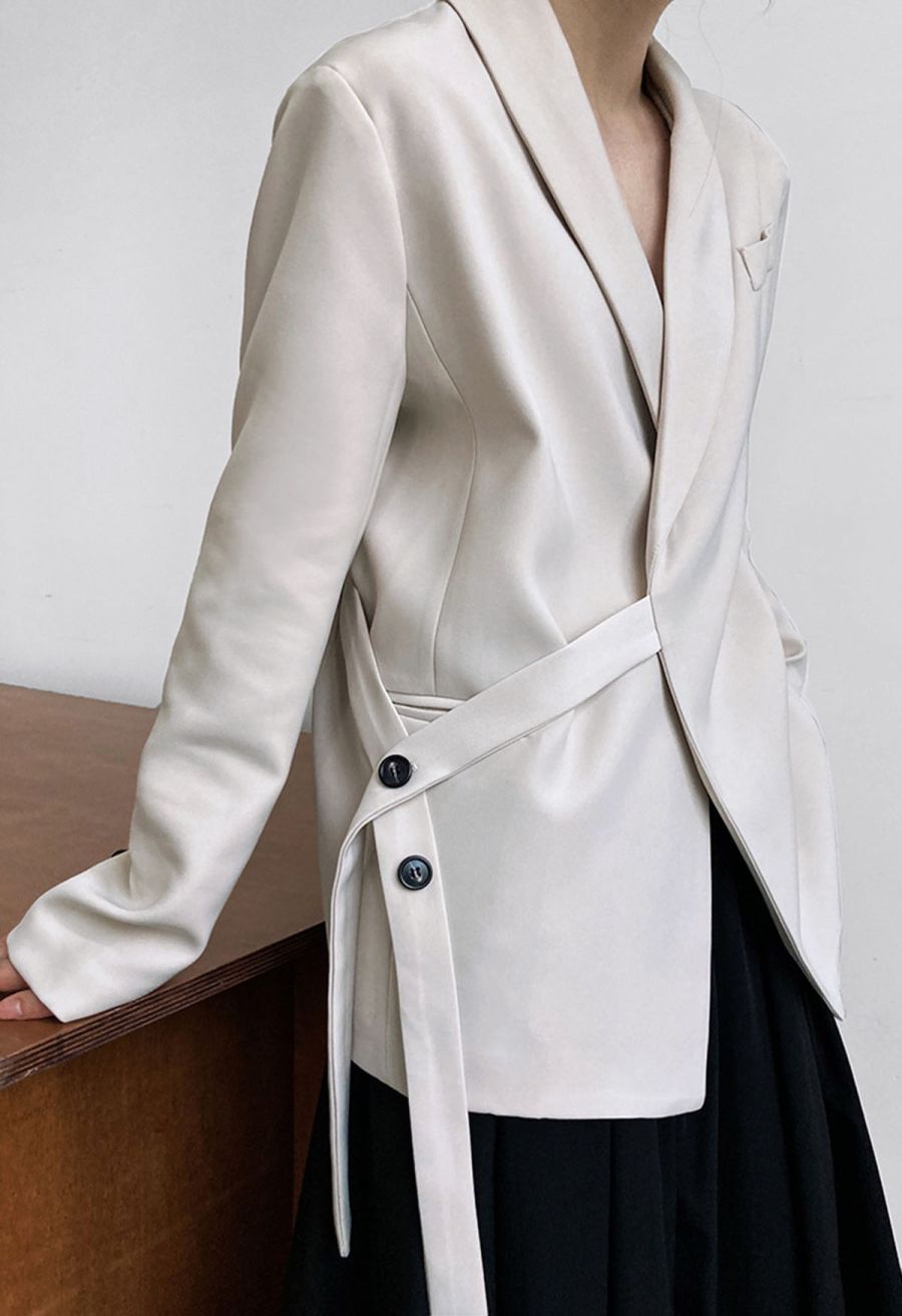 Shawl Collar Buttoned Waist Blazer in Ivory