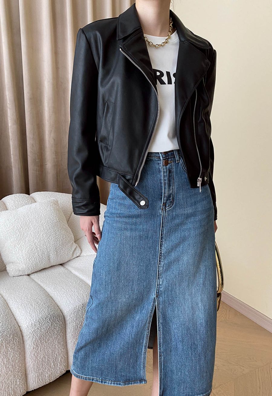 Diagonal Zip Up Faux Leather Jacket in Black