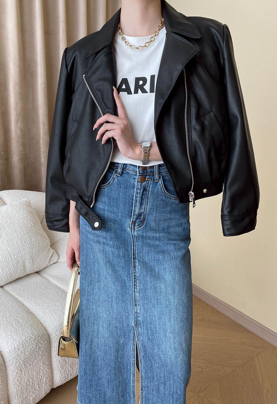 Diagonal Zip Up Faux Leather Jacket in Black