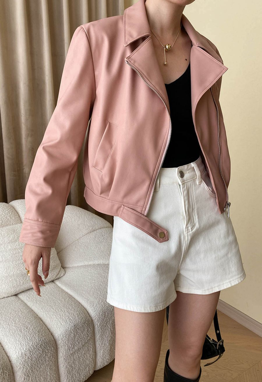Diagonal Zip Up Faux Leather Jacket in Pink