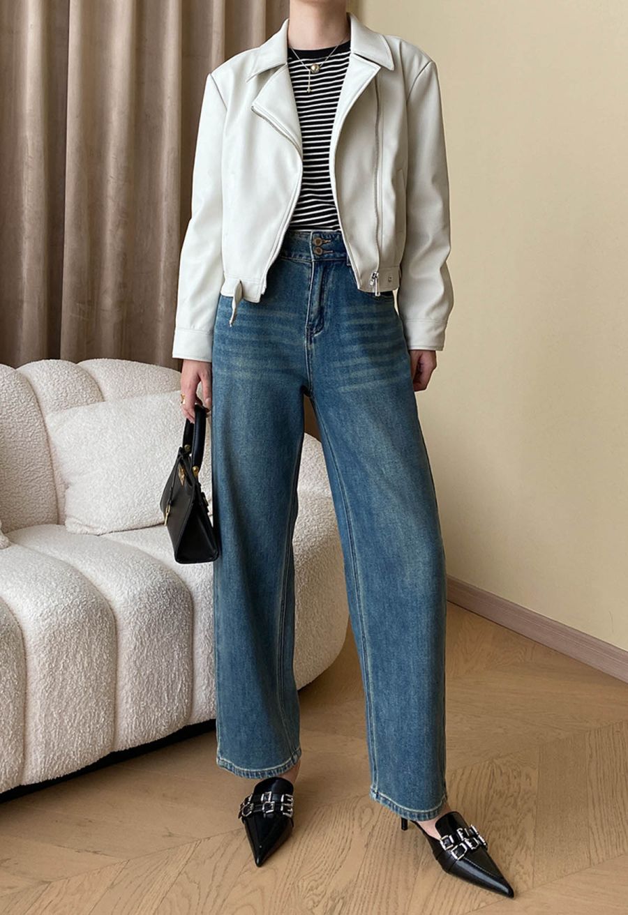 Diagonal Zip Up Faux Leather Jacket in Ivory