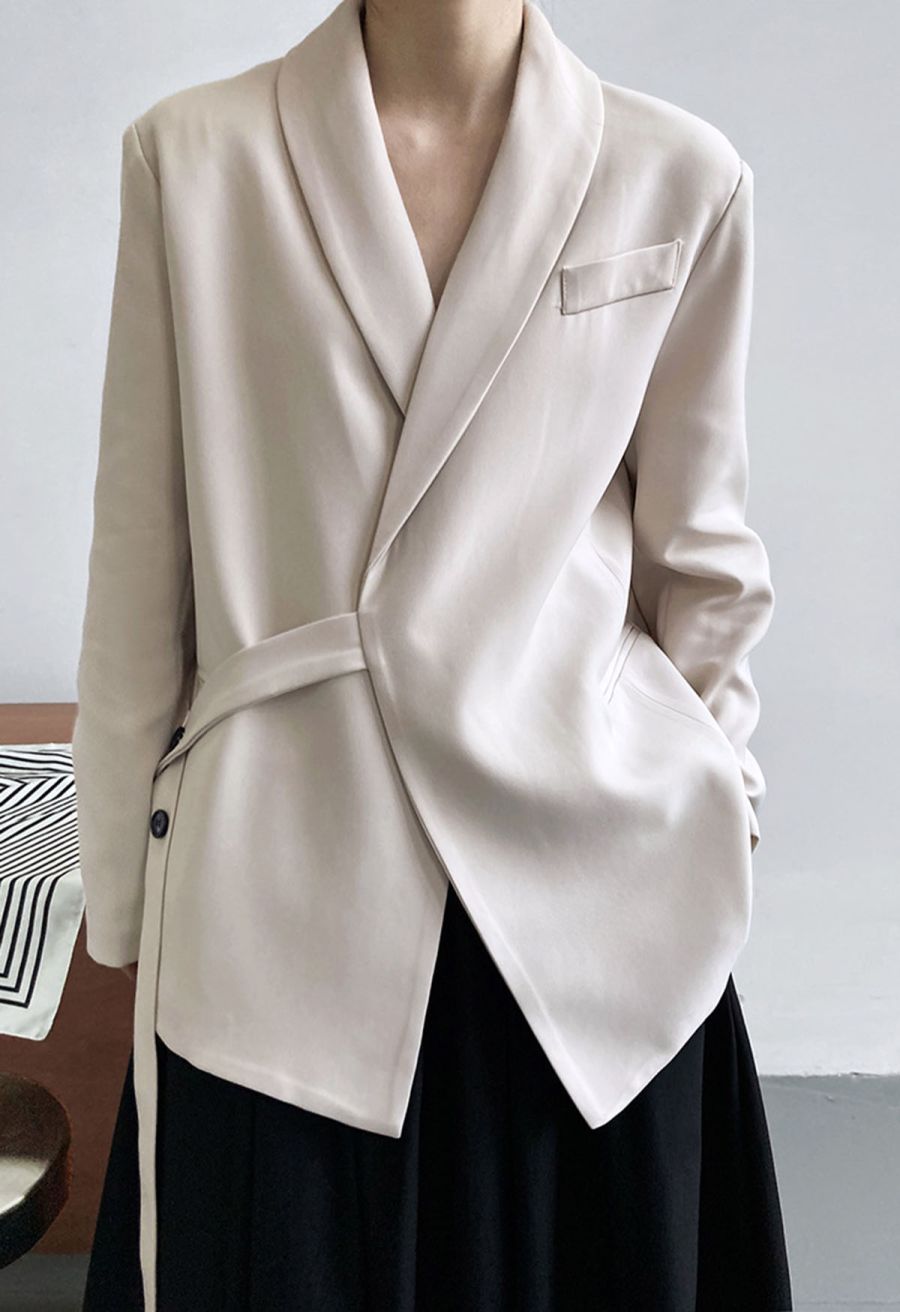 Shawl Collar Buttoned Waist Blazer in Ivory