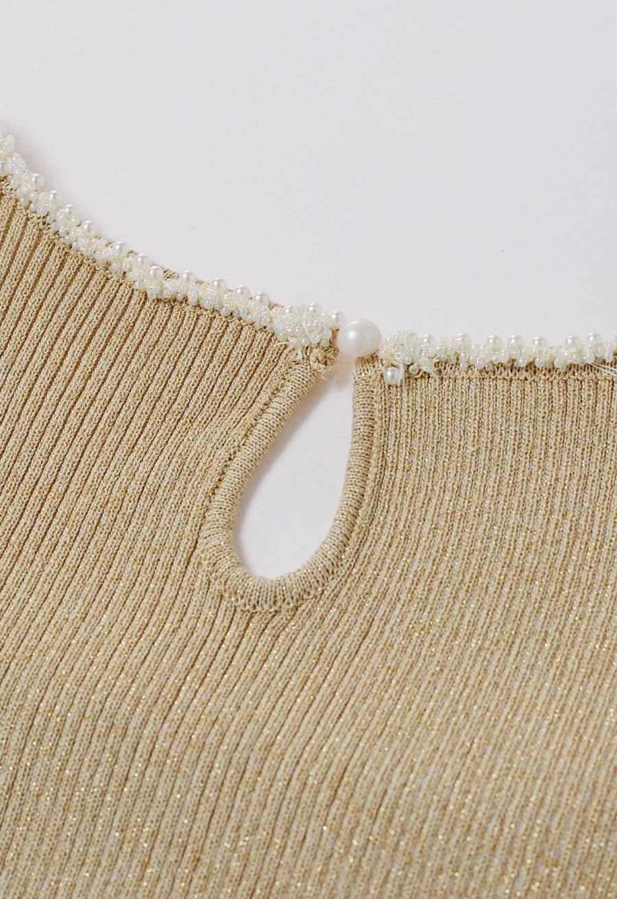 Beaded Square Neck Spliced Puff Sleeve Knit Top in Sand