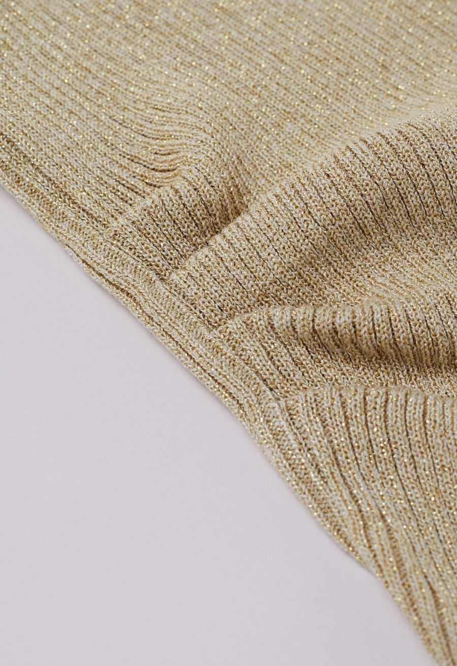 Beaded Square Neck Spliced Puff Sleeve Knit Top in Sand