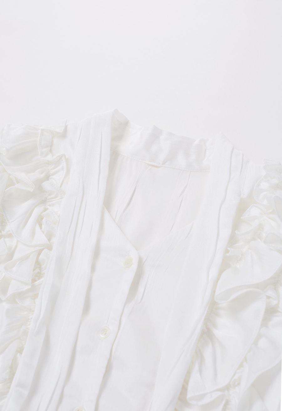 Tie-Neck Ruffle Trim Satin Shirt in White