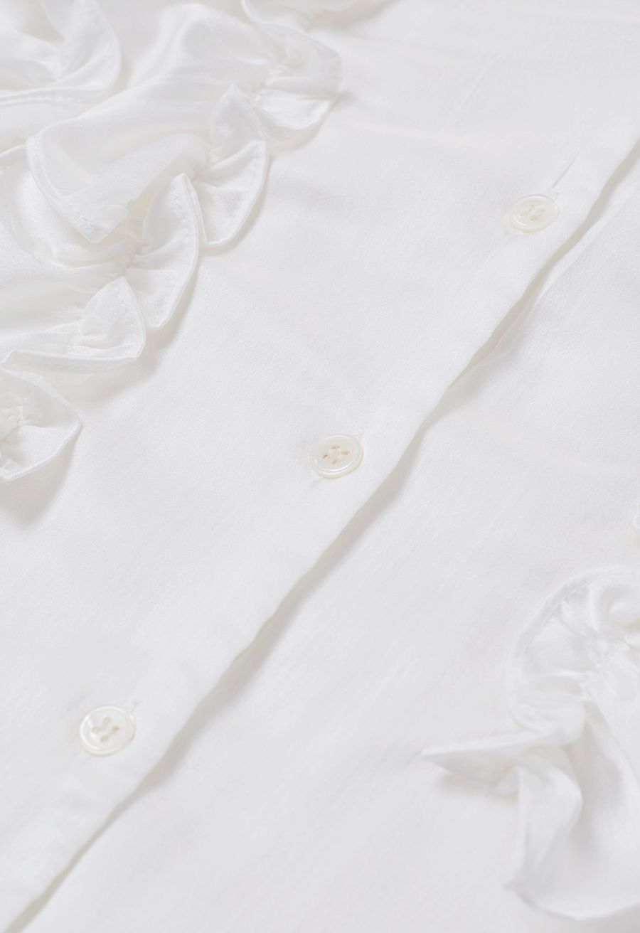 Tie-Neck Ruffle Trim Satin Shirt in White