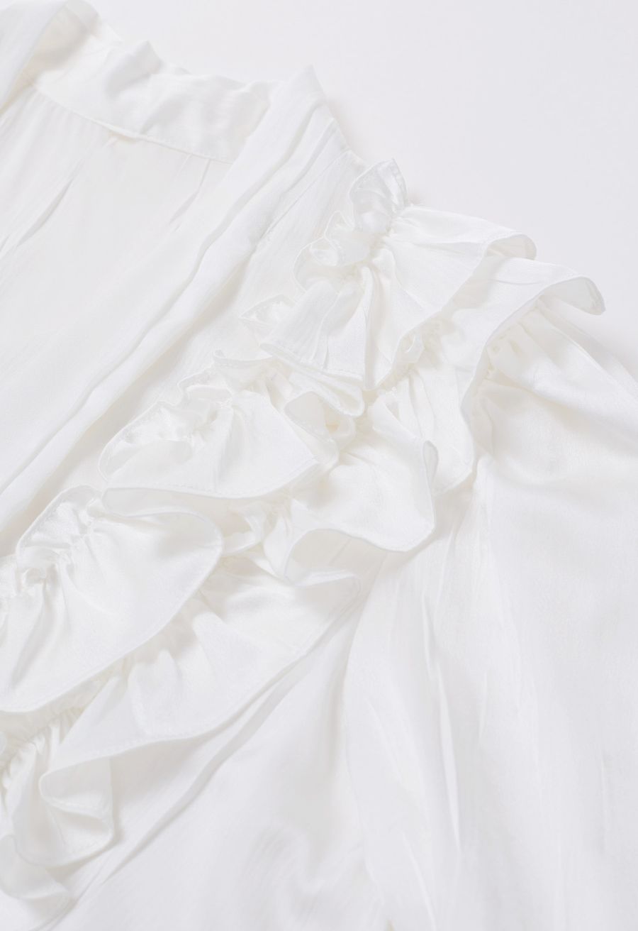 Tie-Neck Ruffle Trim Satin Shirt in White