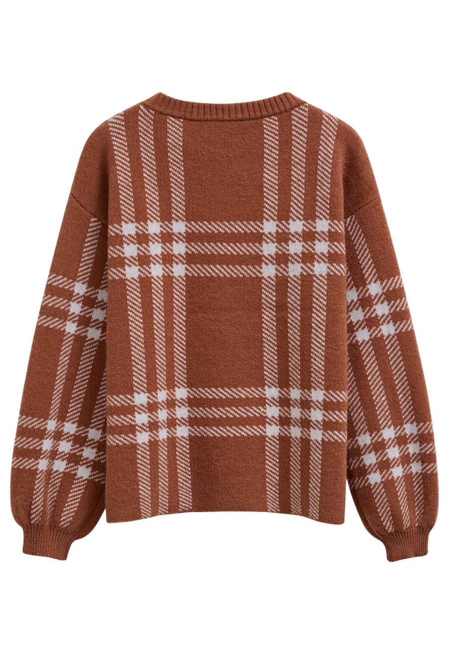 Classic Plaid Round Neck Knit Sweater in Caramel