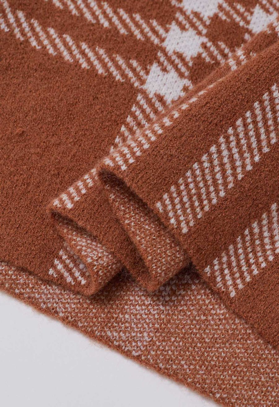 Classic Plaid Round Neck Knit Sweater in Caramel