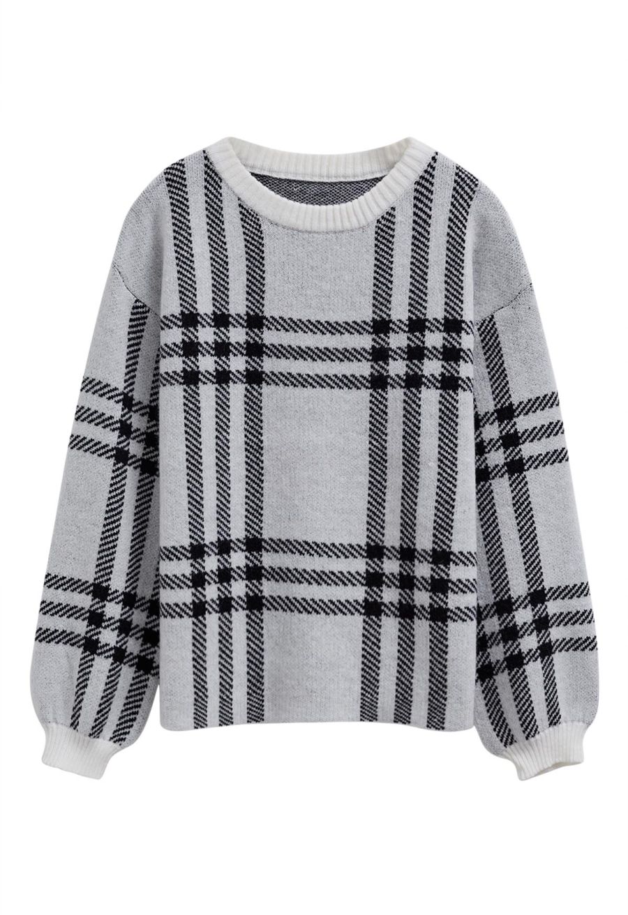 Classic Plaid Round Neck Knit Sweater in Grey