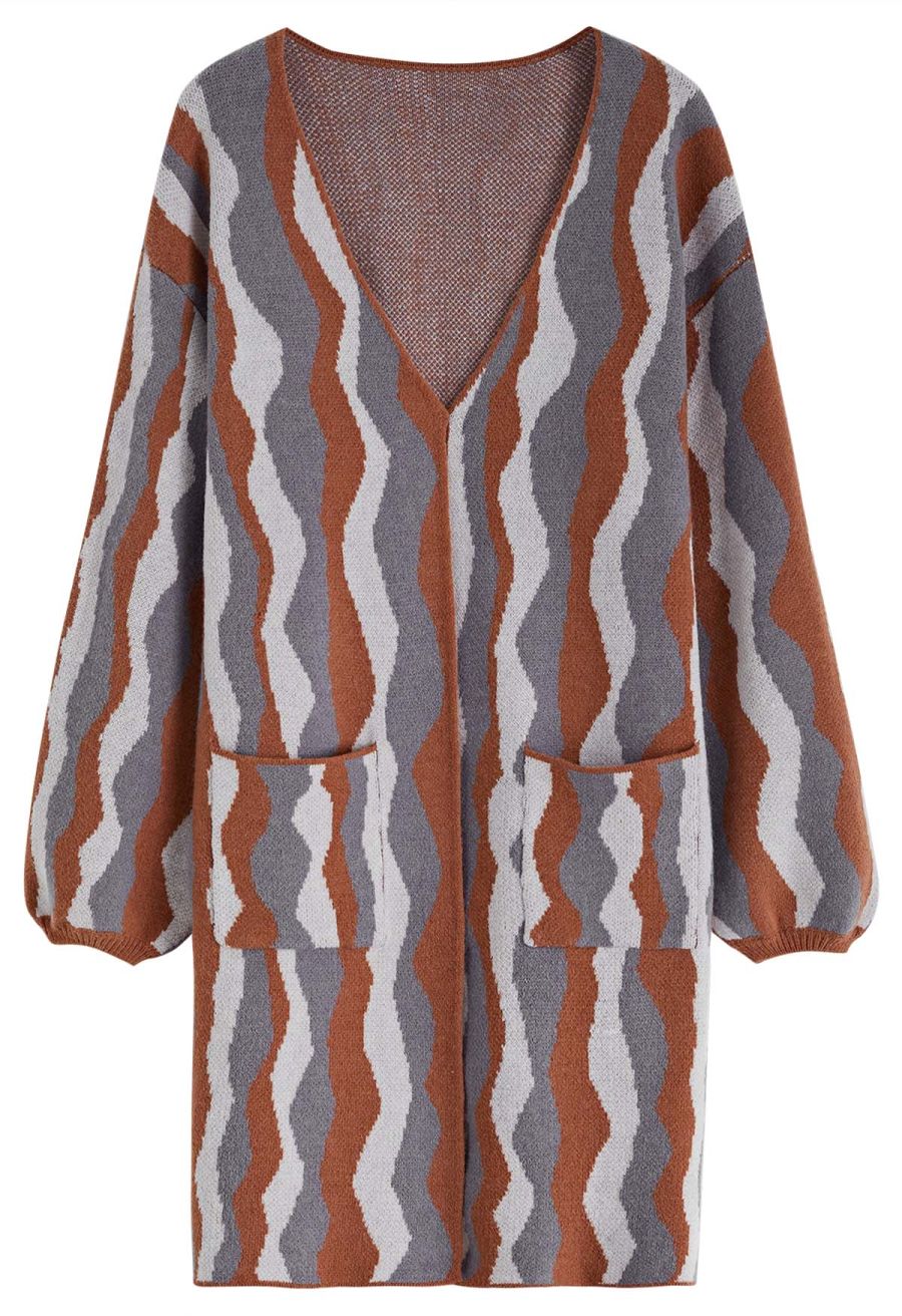 Irregular Stripe Patch Pocket Knit Cardigan in Pumpkin