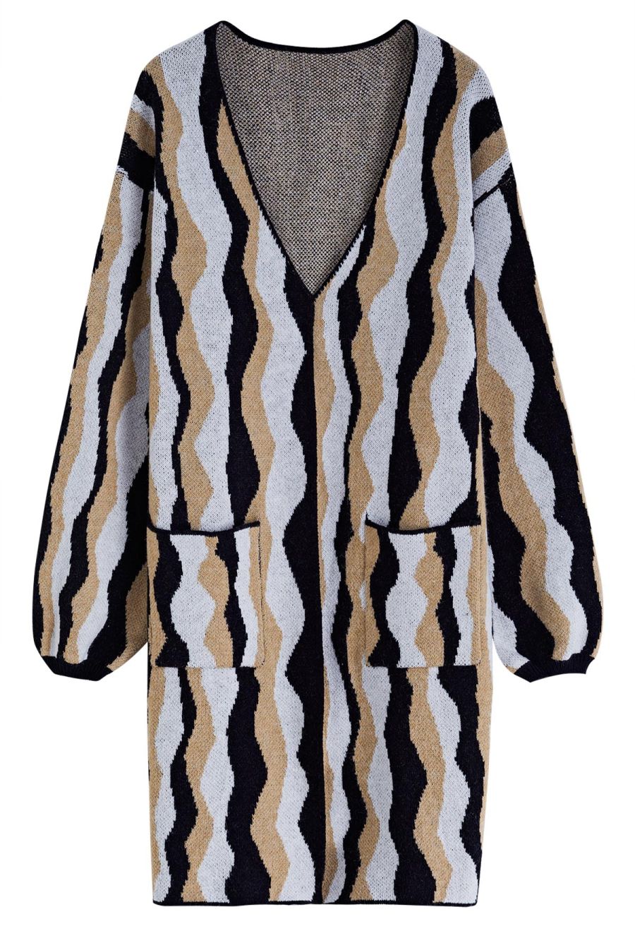Irregular Stripe Patch Pocket Knit Cardigan in Black