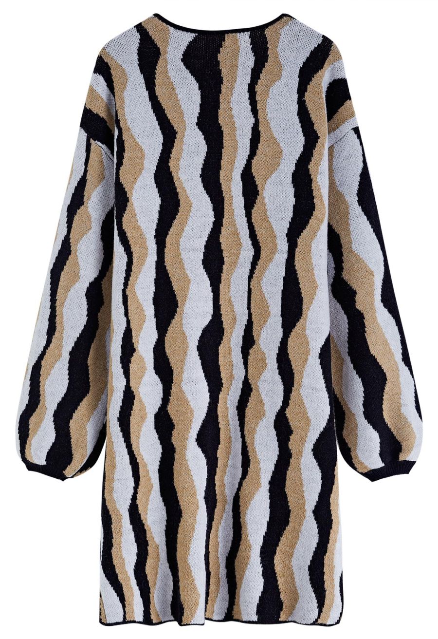 Irregular Stripe Patch Pocket Knit Cardigan in Black