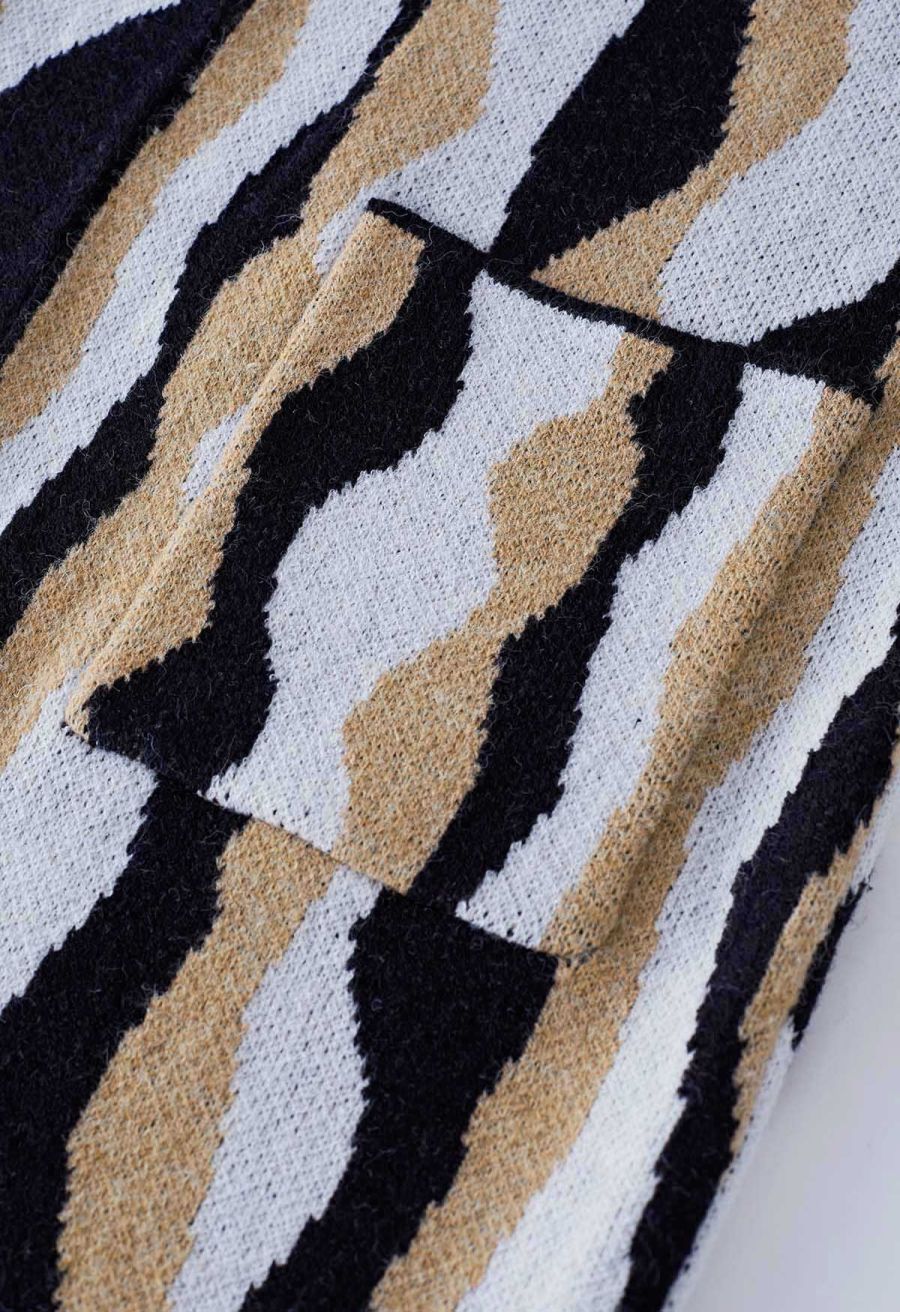 Irregular Stripe Patch Pocket Knit Cardigan in Black