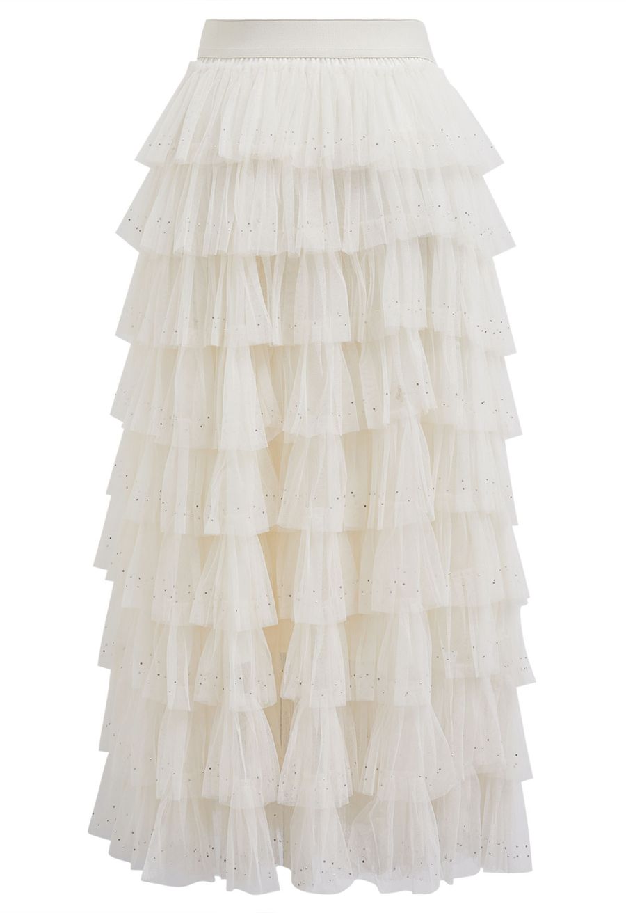 Glitter Swan Cloud Midi Skirt in Cream