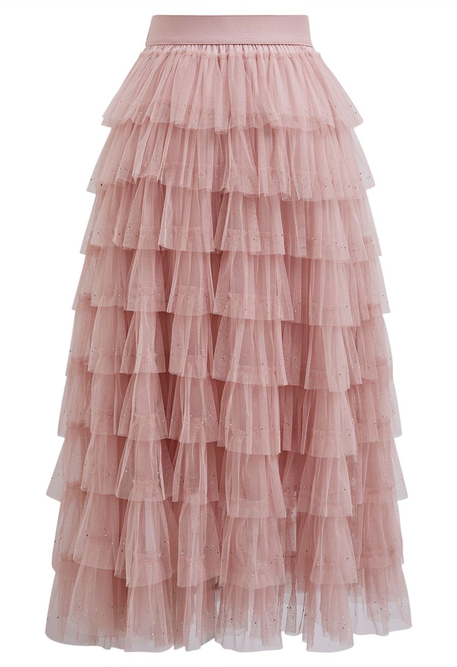 Glitter Swan Cloud Midi Skirt in Pink