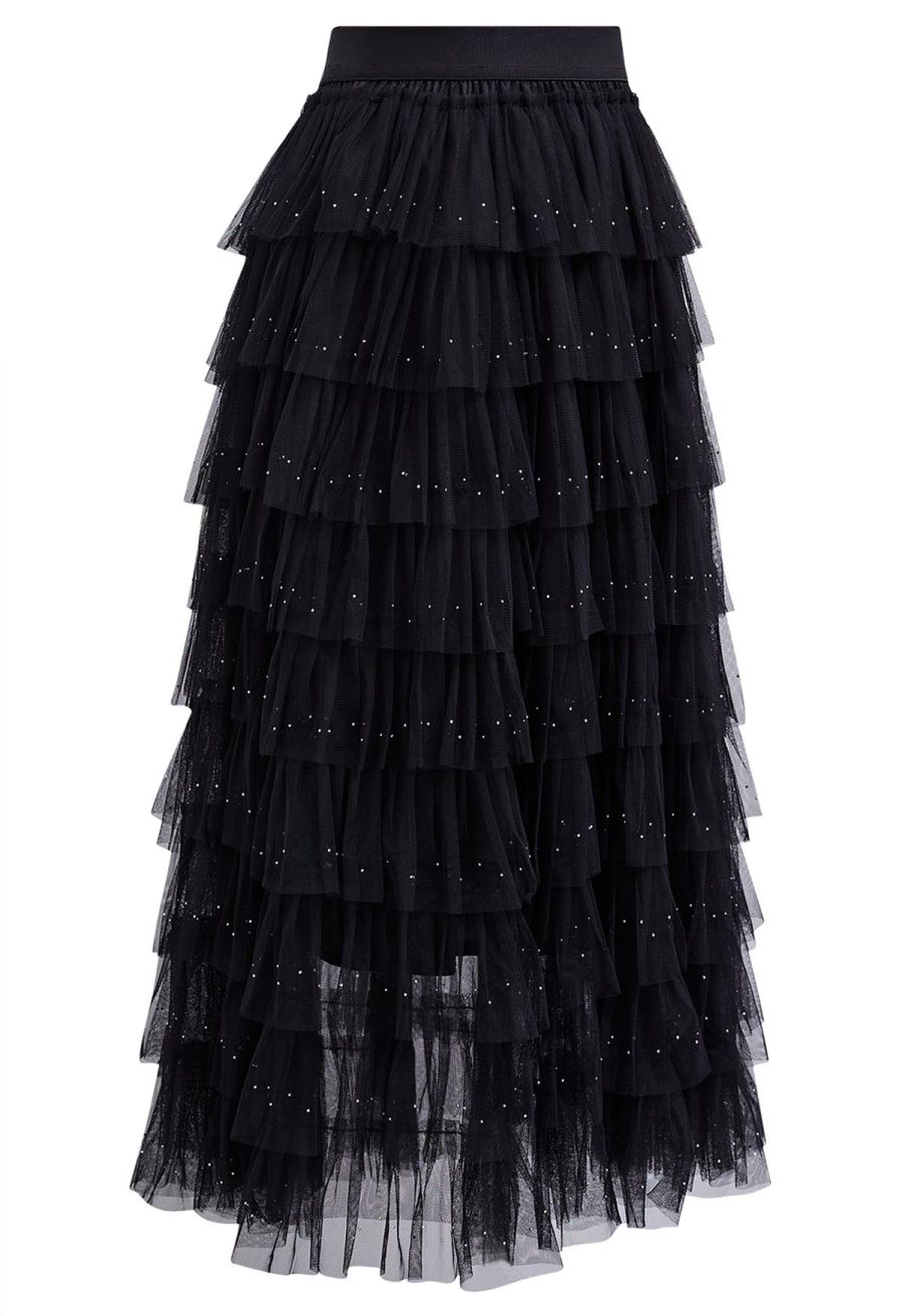 Glitter Swan Cloud Midi Skirt in Black