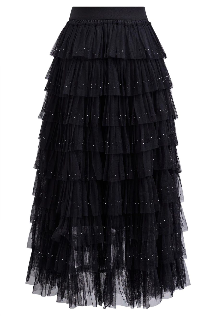Glitter Swan Cloud Midi Skirt in Black