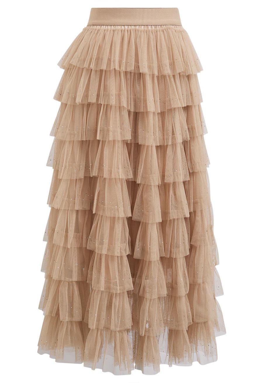 Glitter Swan Cloud Midi Skirt in Light Tan