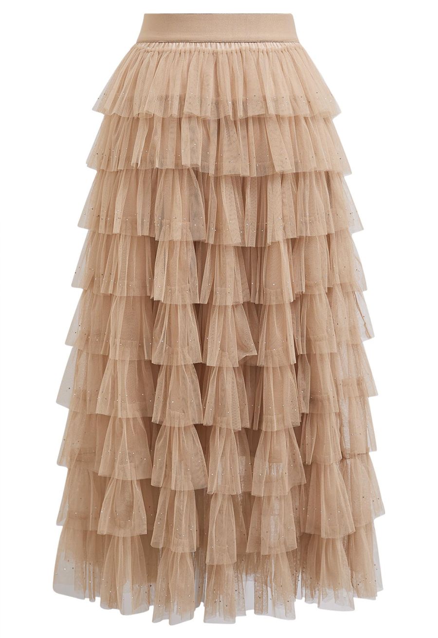 Glitter Swan Cloud Midi Skirt in Light Tan