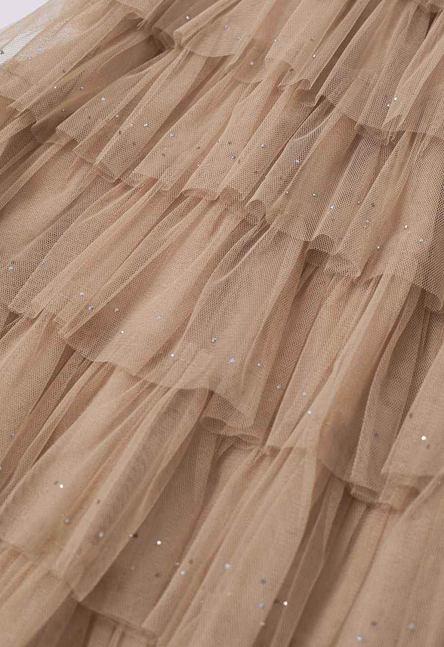Glitter Swan Cloud Midi Skirt in Light Tan
