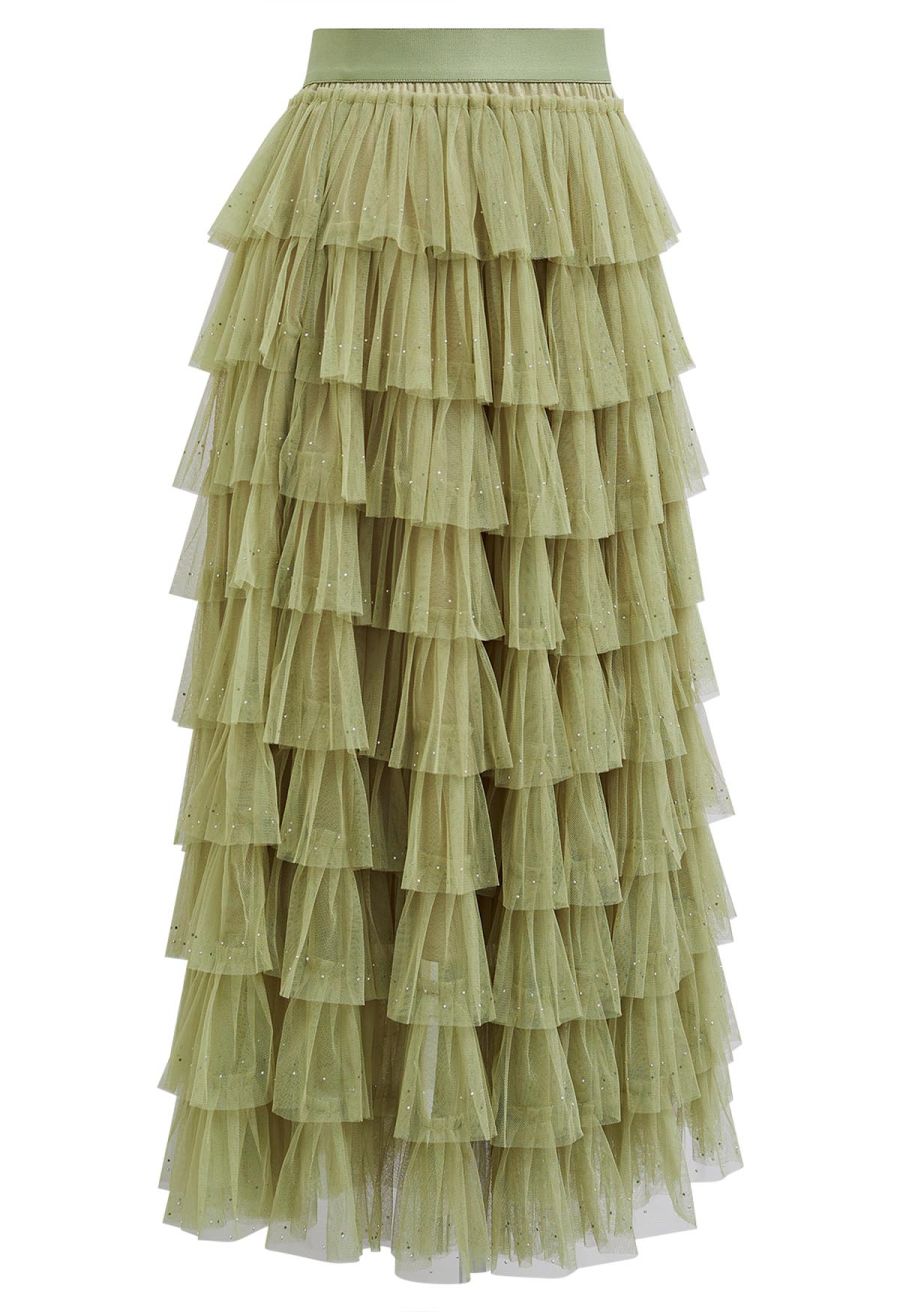 Glitter Swan Cloud Midi Skirt in Lime