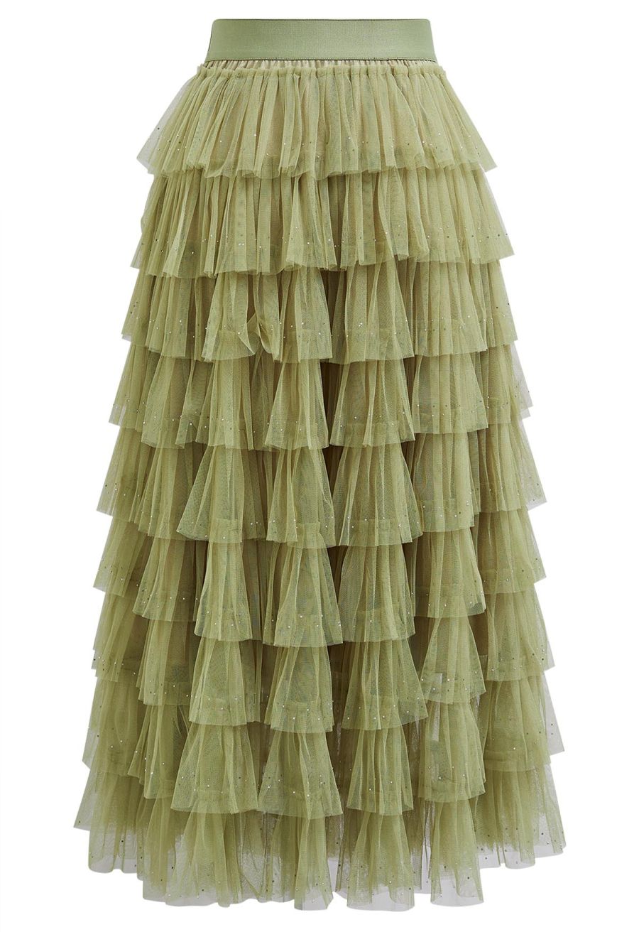 Glitter Swan Cloud Midi Skirt in Lime