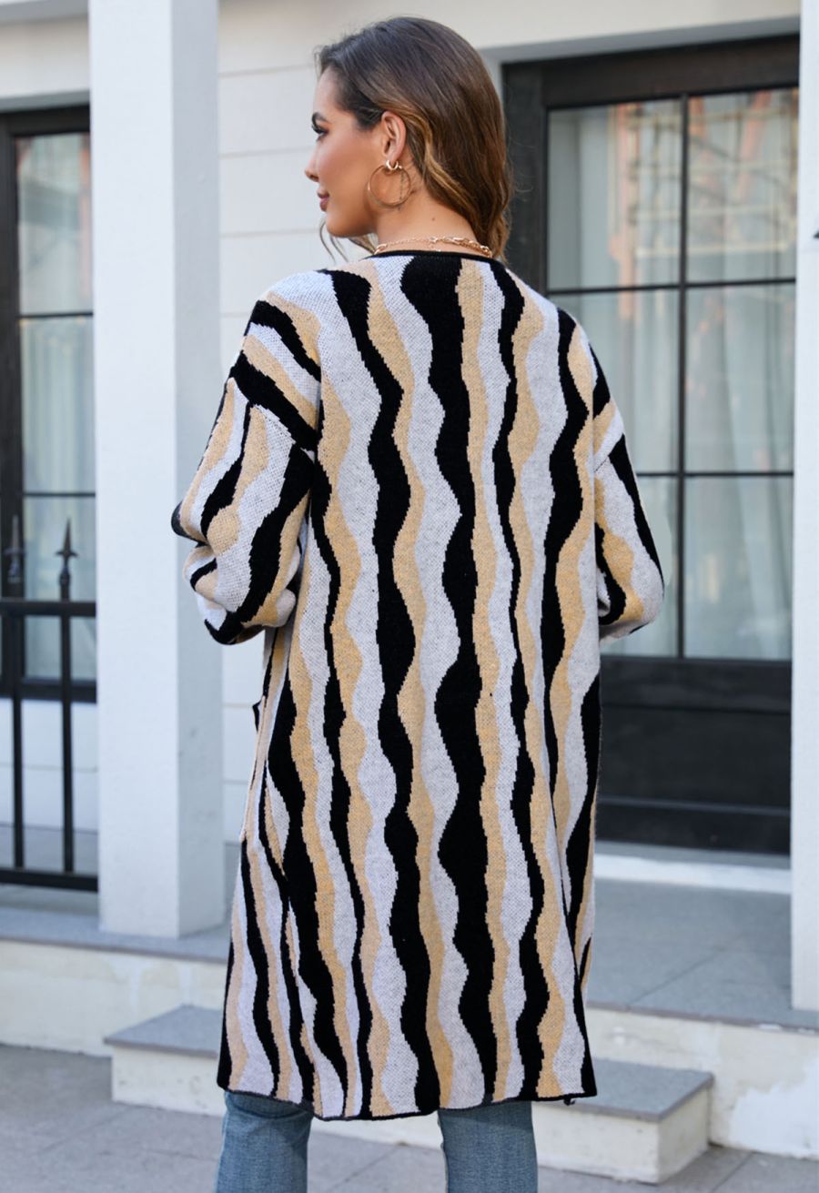Irregular Stripe Patch Pocket Knit Cardigan in Black