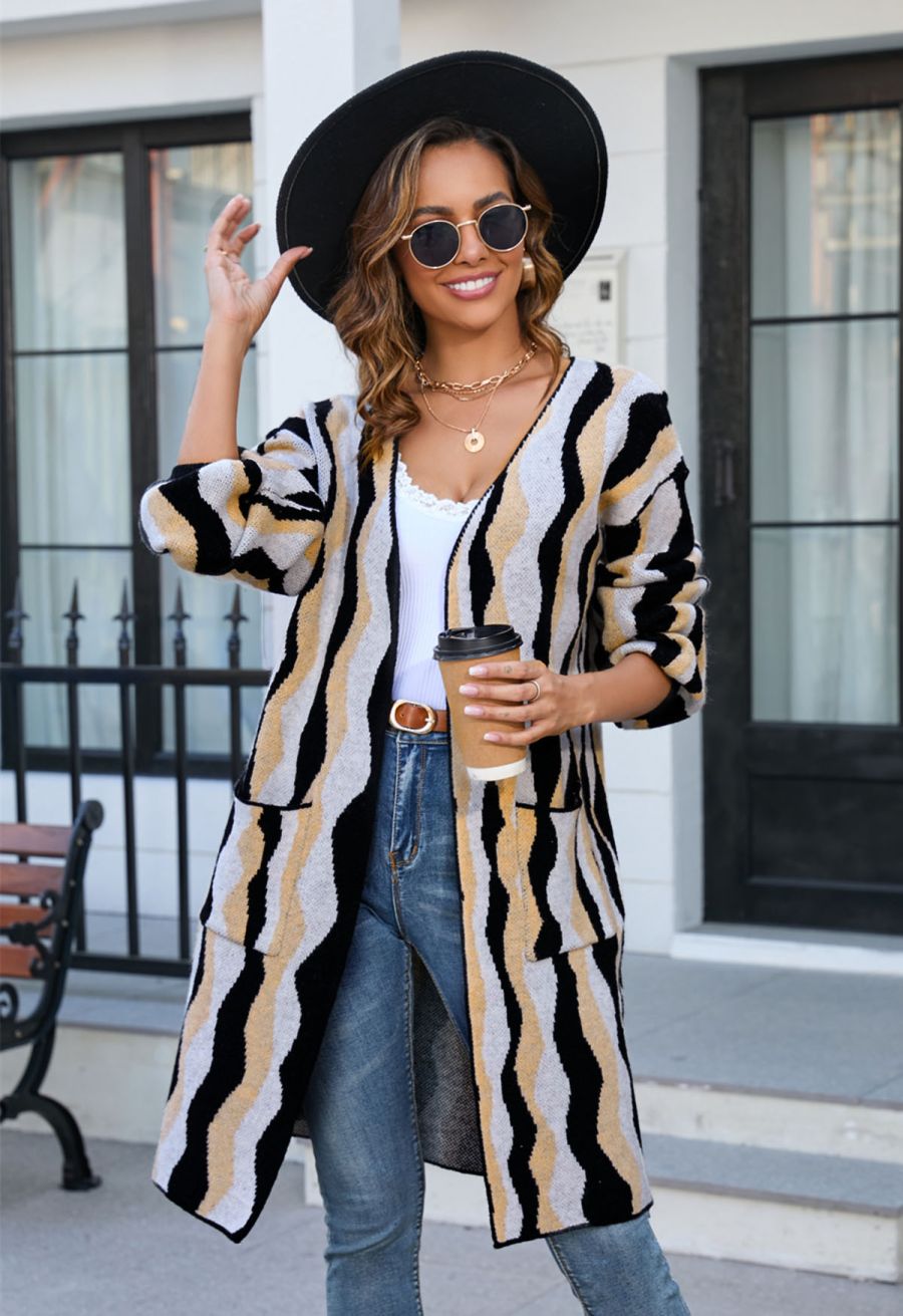 Irregular Stripe Patch Pocket Knit Cardigan in Black