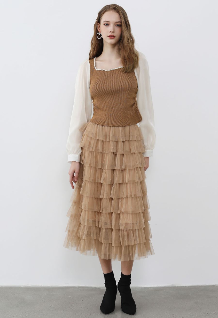 Glitter Swan Cloud Midi Skirt in Light Tan