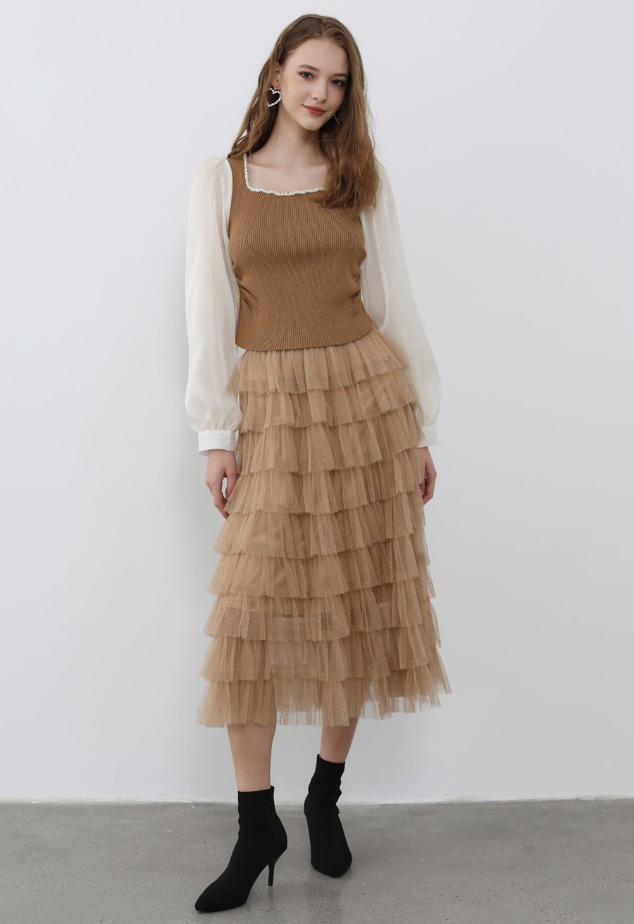 Glitter Swan Cloud Midi Skirt in Light Tan