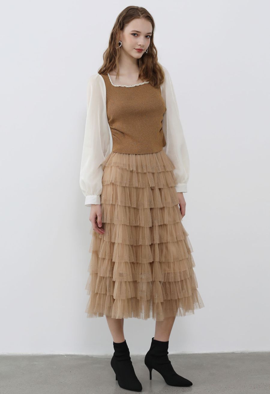 Glitter Swan Cloud Midi Skirt in Light Tan