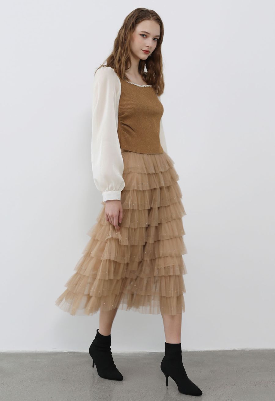 Glitter Swan Cloud Midi Skirt in Light Tan