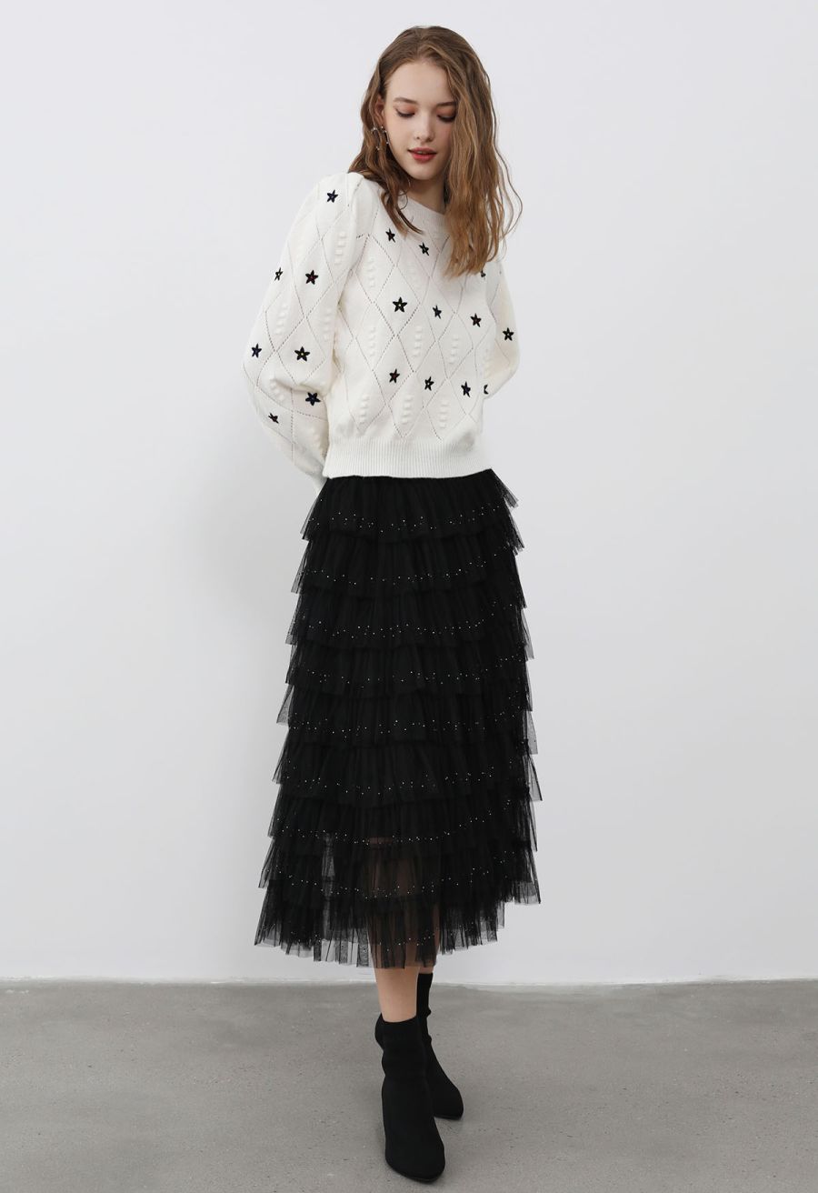 Glitter Swan Cloud Midi Skirt in Black
