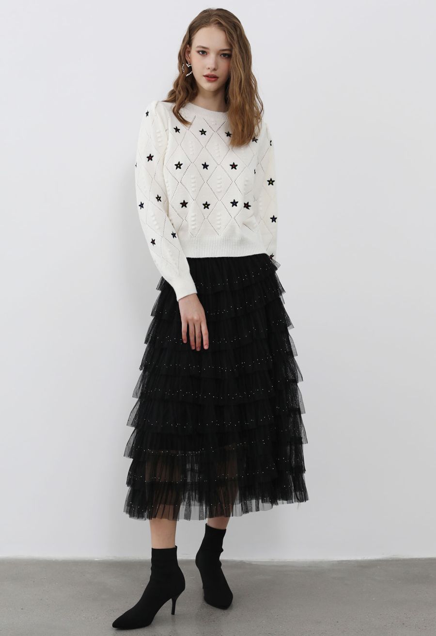 Glitter Swan Cloud Midi Skirt in Black