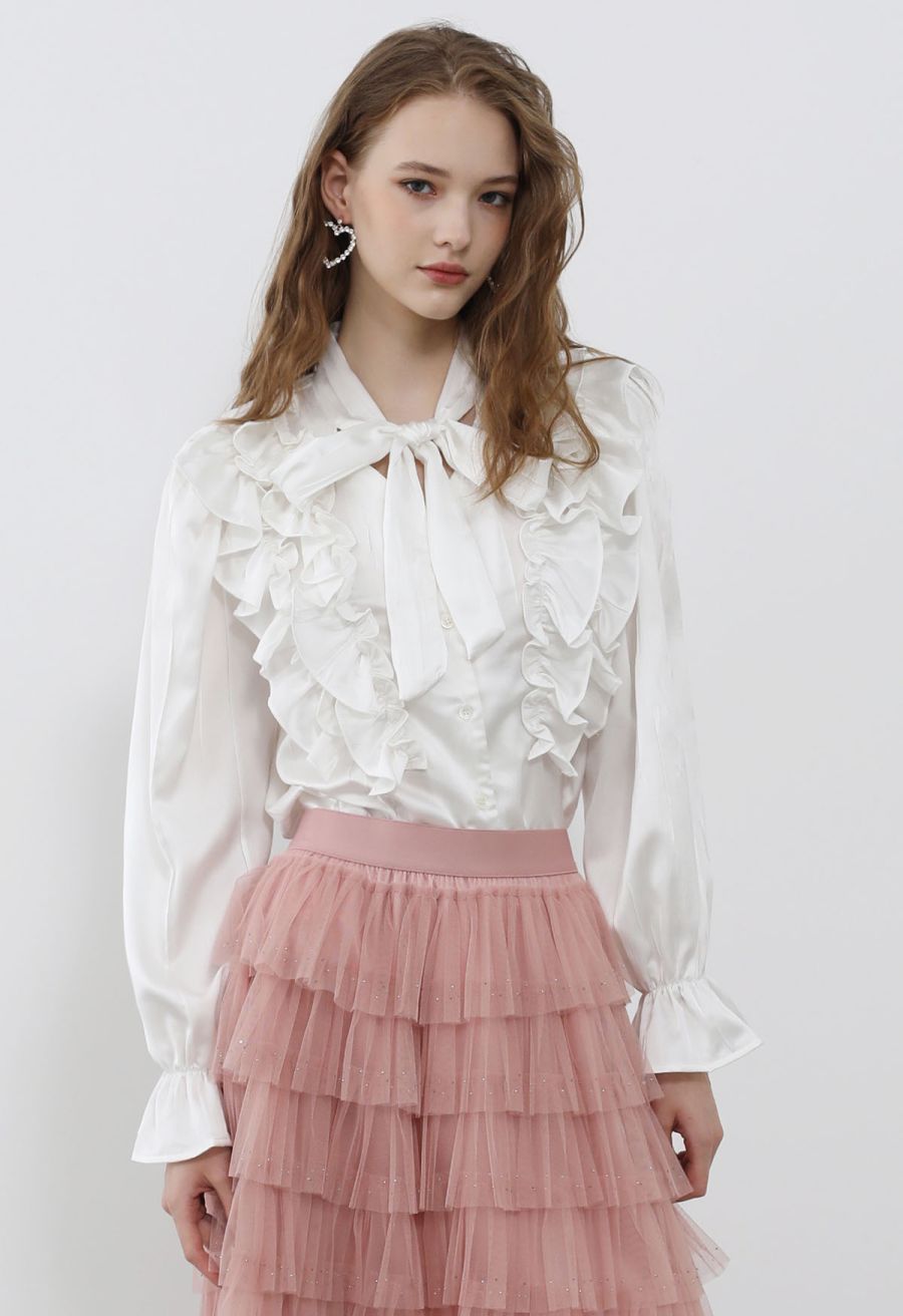 Tie-Neck Ruffle Trim Satin Shirt in White