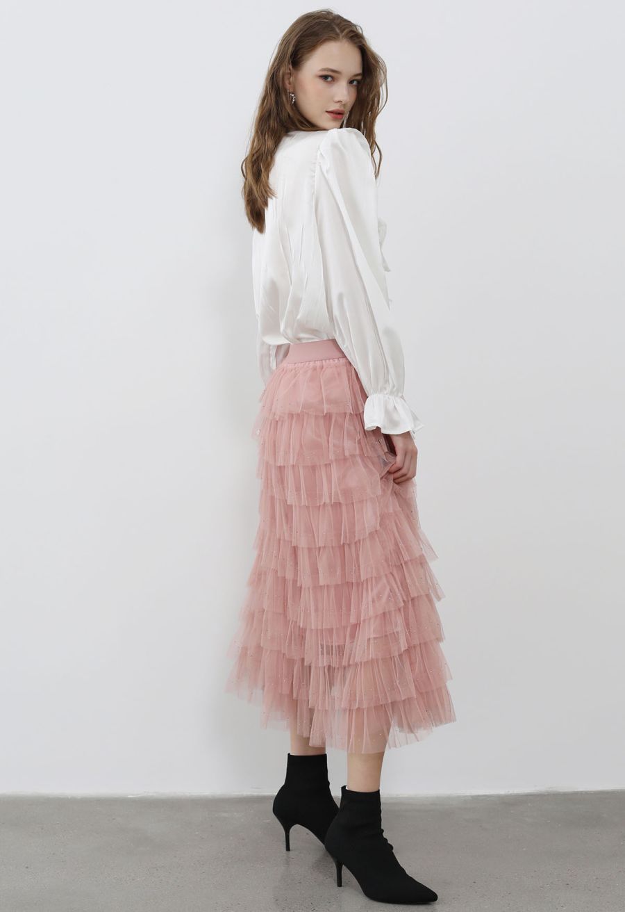 Glitter Swan Cloud Midi Skirt in Pink
