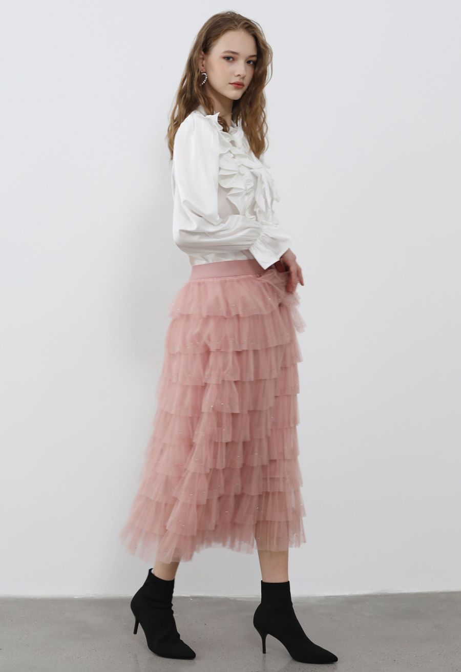Glitter Swan Cloud Midi Skirt in Pink