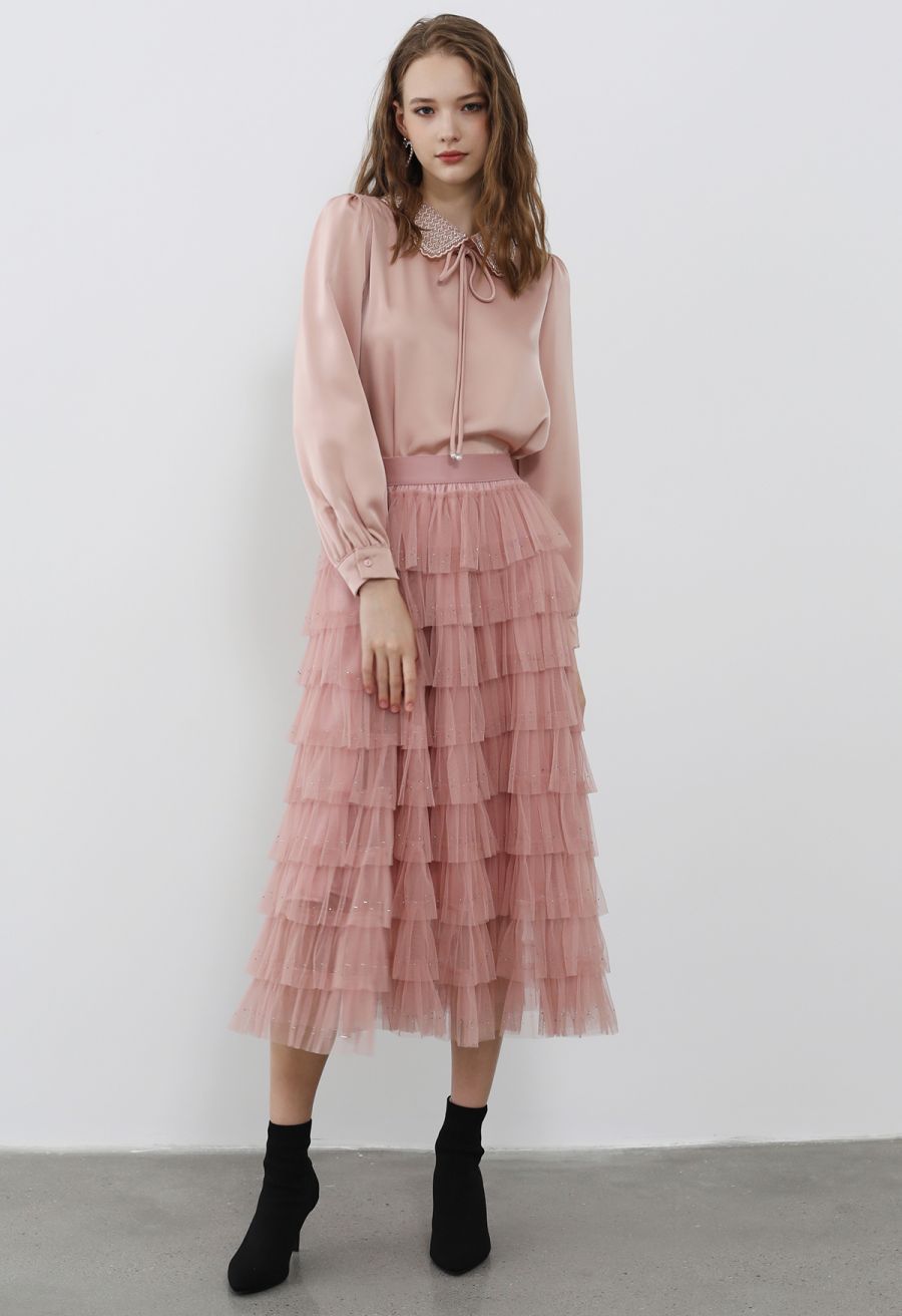 Glitter Swan Cloud Midi Skirt in Pink