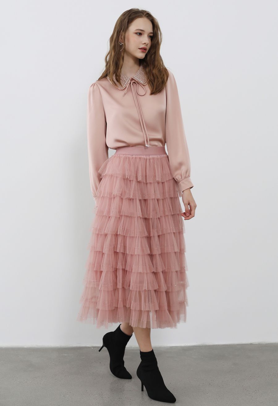 Glitter Swan Cloud Midi Skirt in Pink