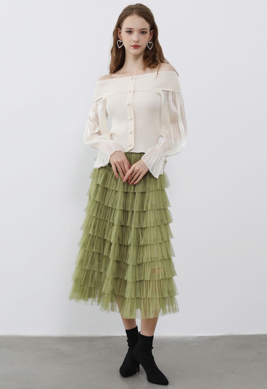 Glitter Swan Cloud Midi Skirt in Lime