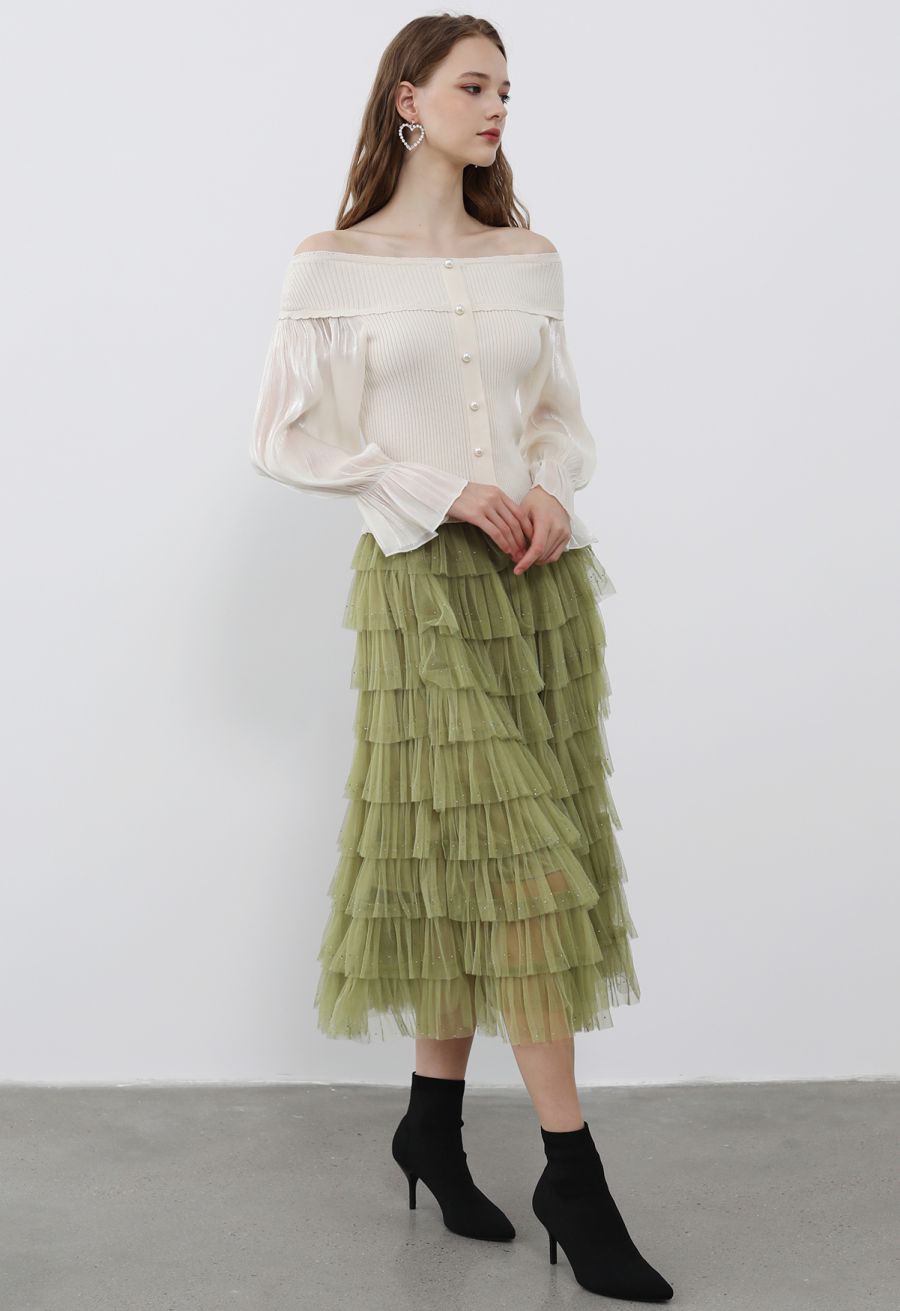 Glitter Swan Cloud Midi Skirt in Lime