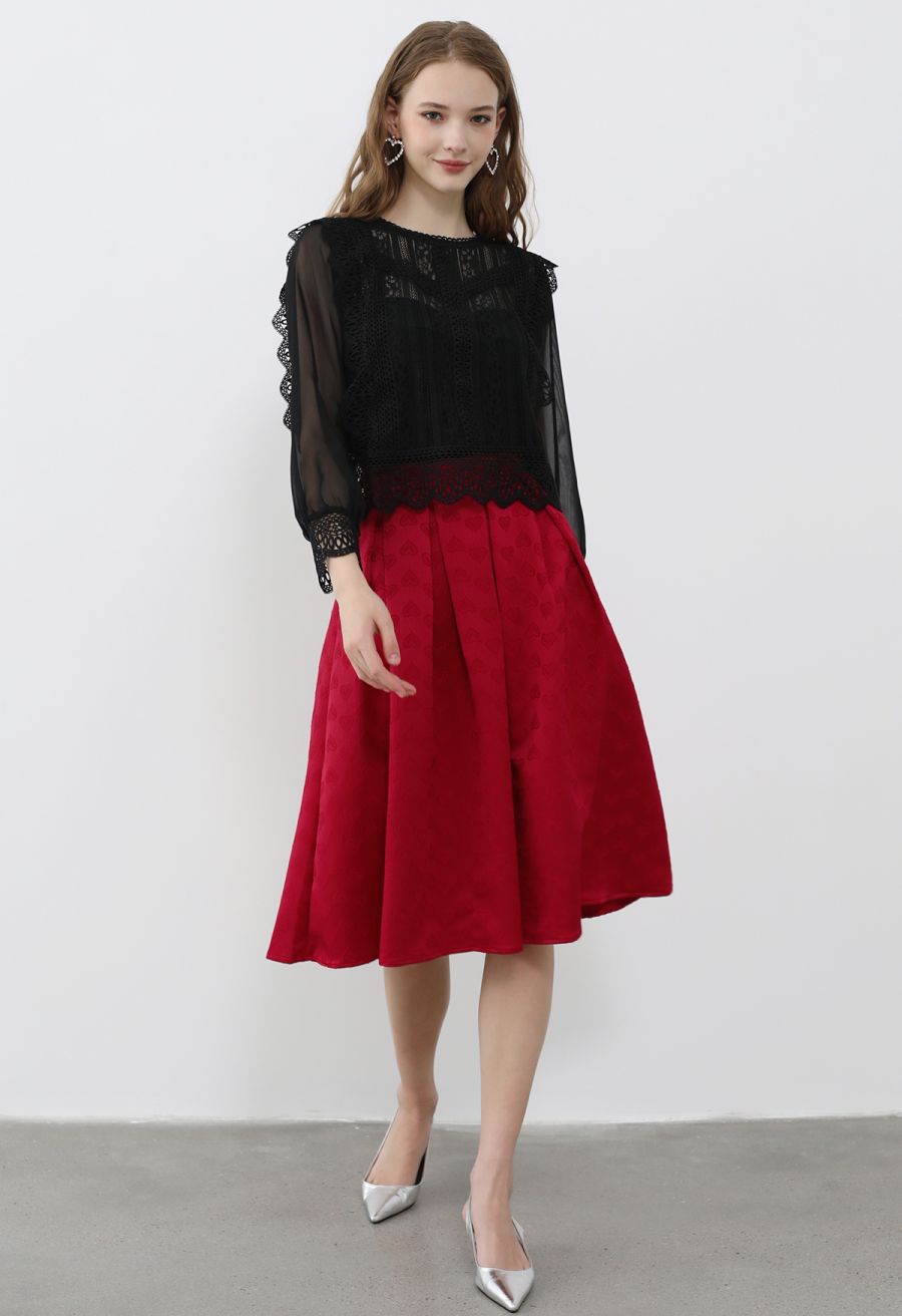 Sheer Sleeve Spliced Cutwork Lace Top in Black