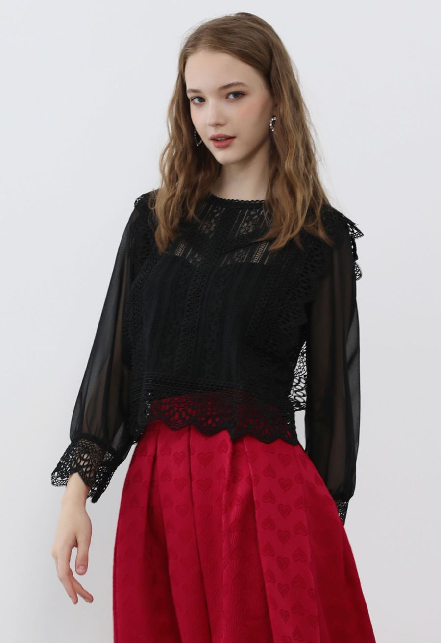 Sheer Sleeve Spliced Cutwork Lace Top in Black