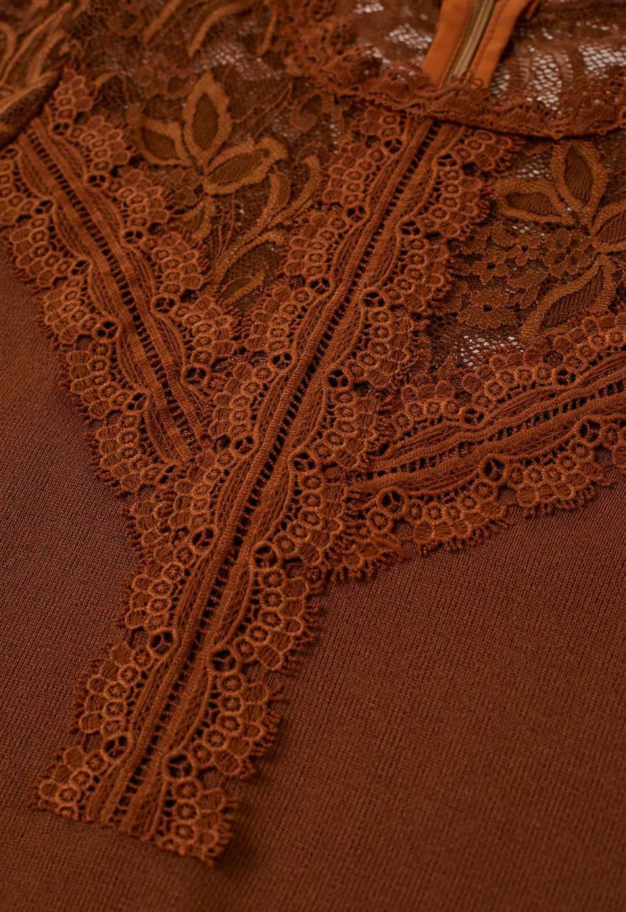 Ethereal Floral Lace Spliced Knit Top in Caramel