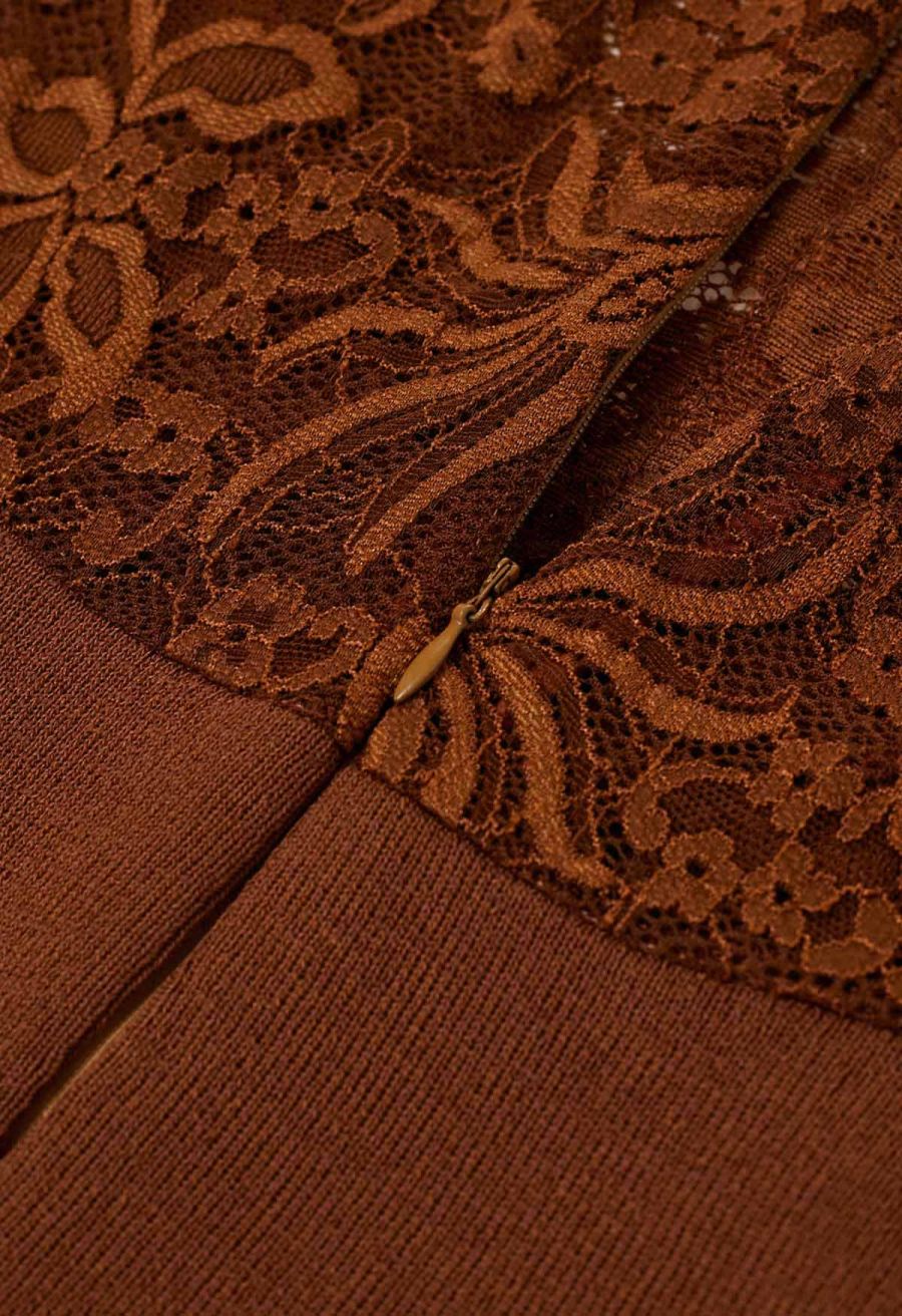 Ethereal Floral Lace Spliced Knit Top in Caramel