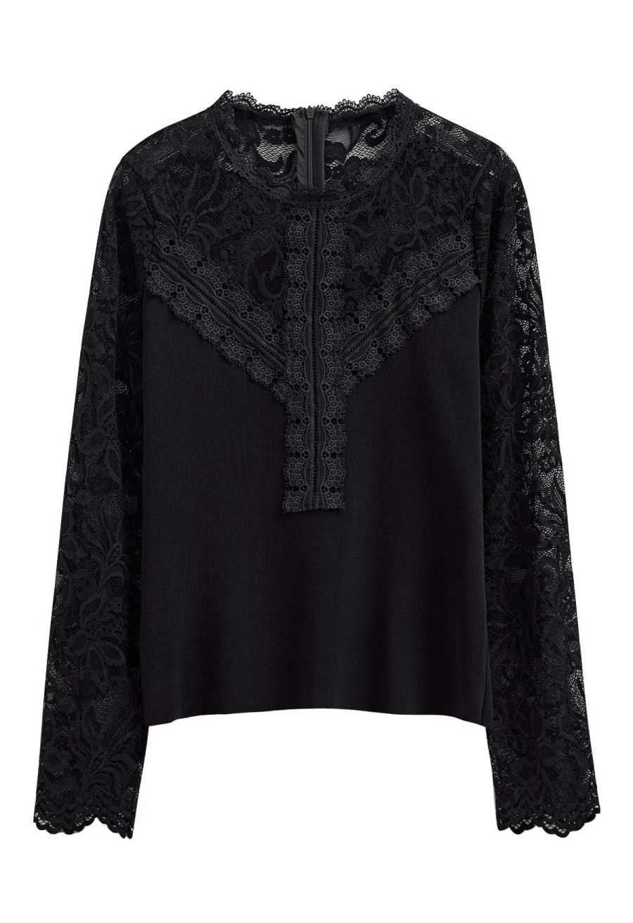 Ethereal Floral Lace Spliced Knit Top in Black
