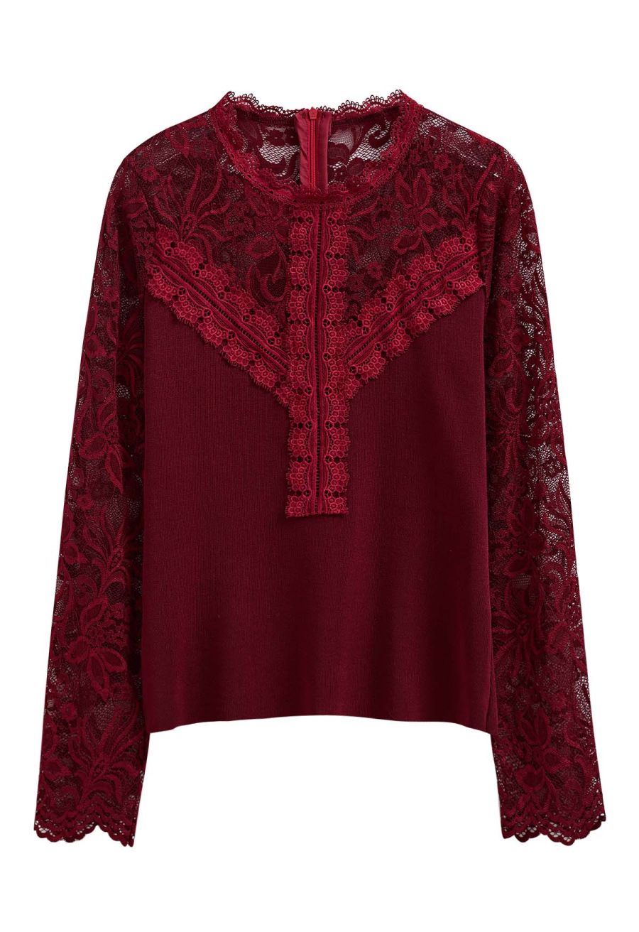 Ethereal Floral Lace Spliced Knit Top in Burgundy