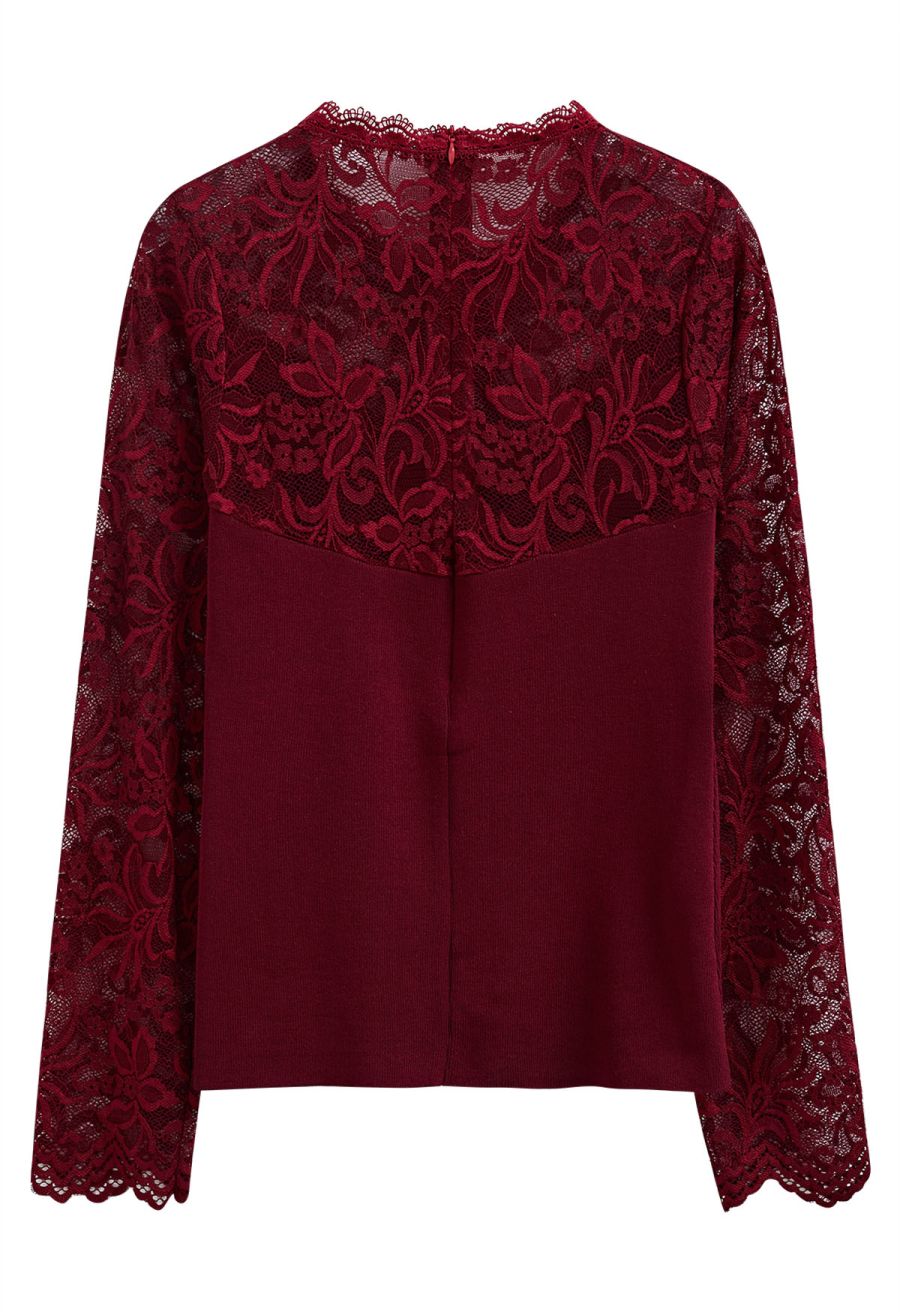 Ethereal Floral Lace Spliced Knit Top in Burgundy